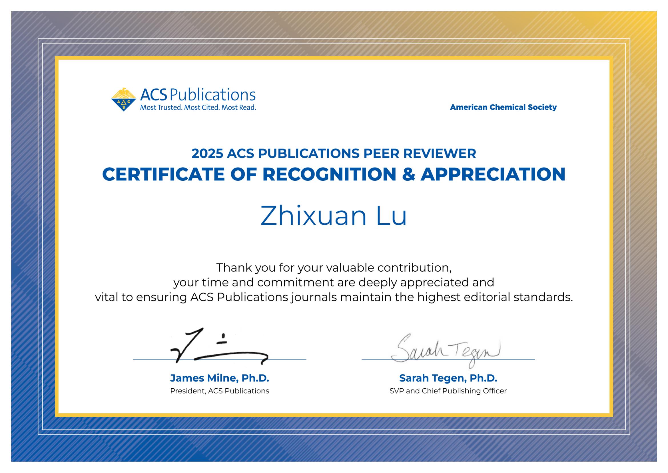 2025 ACS 期刊审稿人致谢信